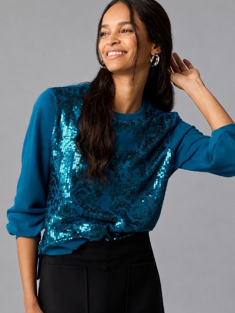NWT Anthropologie Sequin Embellished Dressy Sweatshirt style Top, L